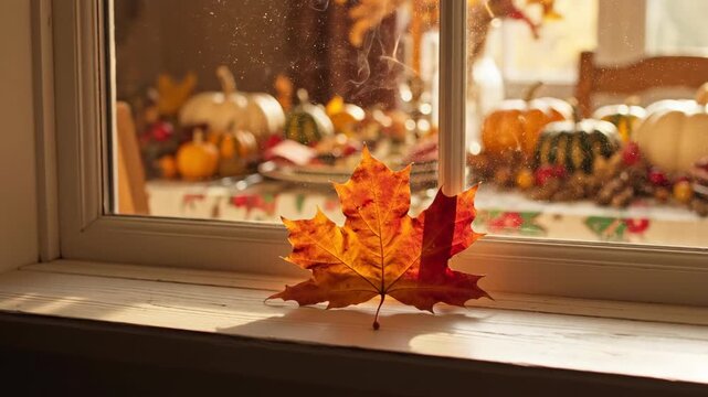 Autumn Maple Leaf on Window Sill with Blurred Thanksgiving Decor Indoors.