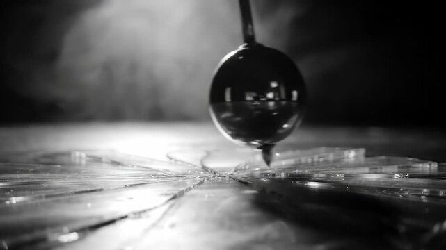 Cinematic pendulum swinging over shattered glass, dramatic black and white slow motion, conceptual physics experiment with broken glass shards