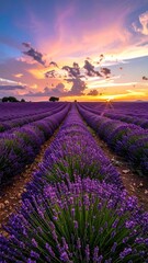 Lavender Field at Sunset - A Serene Landscape of Purple Hues.