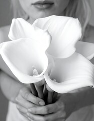 Elegant White Calla Lilies Held by a Woman in Black and White.