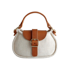 Cream bag, brown leather flap, strap, and handle on black background
