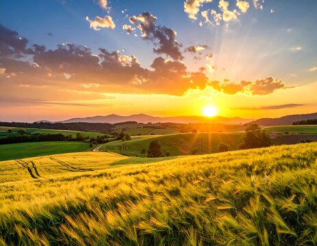 Golden fields bask in sunset's glow, amidst rolling hills
