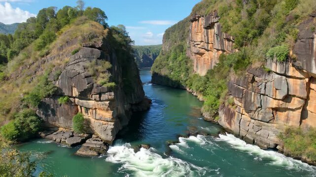 arafed view of a river flowing between two large rocks