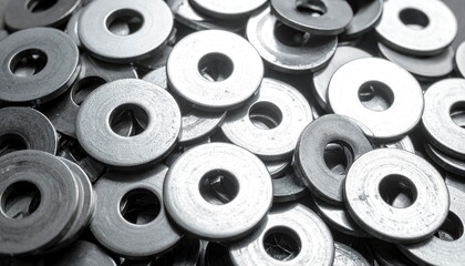 Pile of Metal Washers - Close-Up of Fasteners.