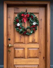 Festive Christmas Wreath Adorning a Wooden Door.