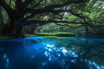 A glowing bioluminescent spring under a canopy of ancient trees