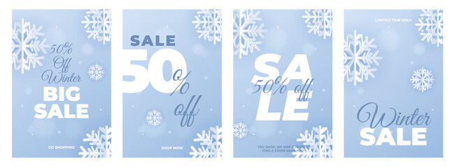 Winter sale banners set with snowflakes. Social media post template. Vertical vector illustration for season discounts