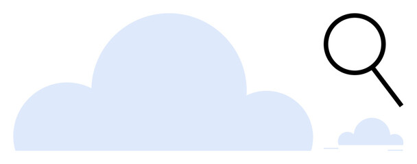 Large blue cloud and smaller one beside magnifying glass symbolize data storage, cloud services, and digital information search. Ideal for technology, storage, search, digital safety, innovation