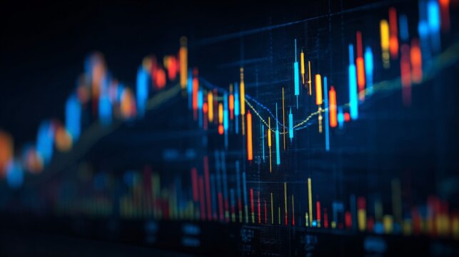 Abstract representation of financial market trends with vivid candle stick chart showcasing upward and downward fluctuations over dark background