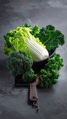 Fresh Green Vegetables on Cutting Board - Broccoli, Cabbage, and Kale.