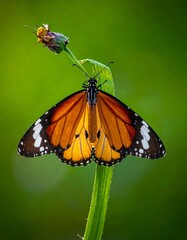 Monarch Butterfly Resting on a Green Stem with Bud.