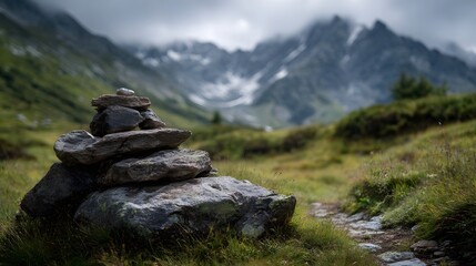 A stacked stone cairn marks a trail on a misty alpine meadow with rugged mountains in the background