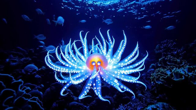 Glowing octopus bioluminescent tentacle underwater reef night ocean marine life deep sea coral fish neon light aquatic tropical dive vivid blue