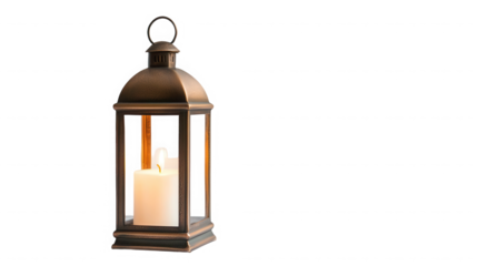 A lantern with a candle inside, set against a stark black background, providing a sense of warmth on transparent background