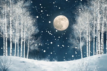 snowy birch forest bathed in moonlight, its white bark glowing under the night sky