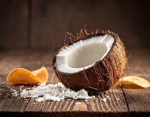 A halved, fresh coconut with shavings, on a rustic wooden surface