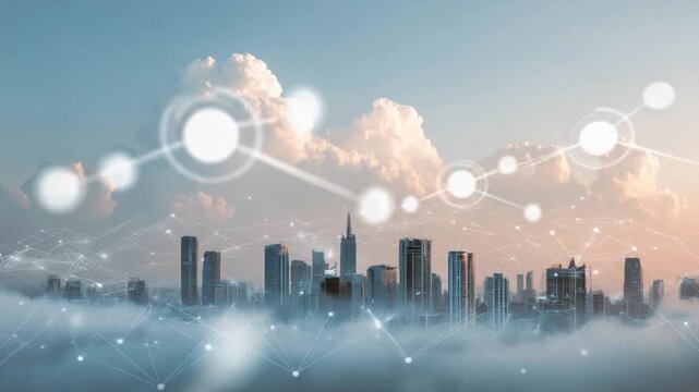 Skyline in Digital Era: A breathtaking cityscape merges with digital connections, illustrating the harmony of urbanization and advanced technology.