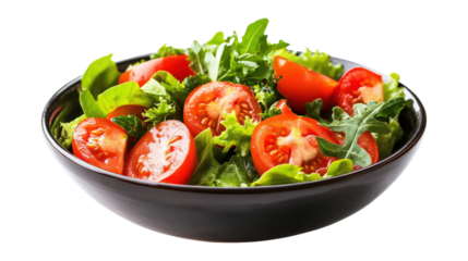 Salad bowl with tomatoes and lettuce isolated on a transparent background