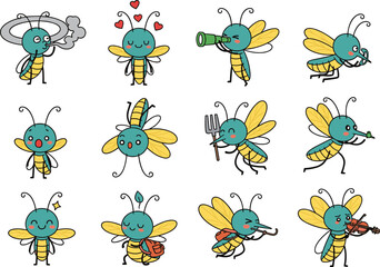 Cartoon insect character vector set, expressive bug poses, musical and playful actions, cute mascot for kids, cad drawing flat vector illustration