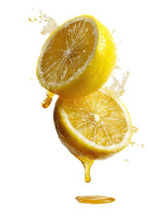 Sliced lemon halves with juice droplets, against a stark backdrop