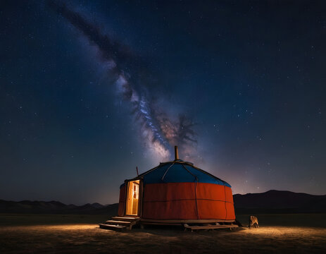 Under the Milky Way, a Mongolian ger. Generative AI.