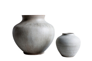 Two clay vases, off-white and gray tones, on a solid dark backdrop
