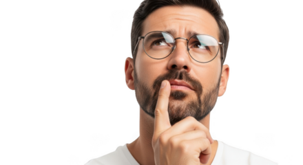 Man thinking face with finger on lips looking up with glasses