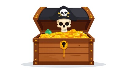 Naklejka premium Cartoon of wooden chest overflowing with gold, pirate hat, and skull