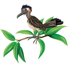 Pixel Art Roadrunner Bird Perched on Branch with Green Leaves Against Transparent Background Detailed Illustration
