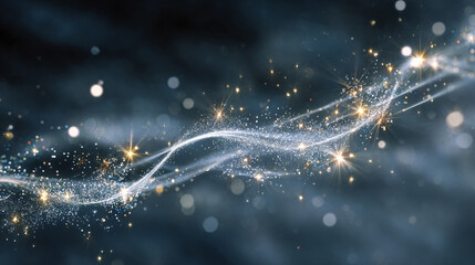 Abstract festive glitter background with sparkles, golden sparkling particles, color gradient, wavy lines, bokeh, horizontal banner, copy space.