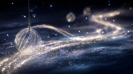 Holiday background with magical trail of sparkles flying through the air, transforming into a Christmas ornament, horizontal banner, copy space