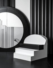 Minimalist Still Life - Round Mirror and Geometric Staircase in Black and White.