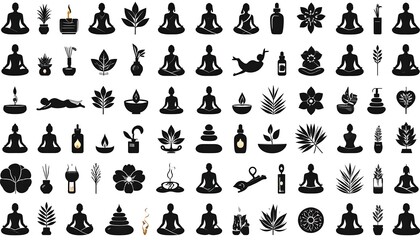 Collection of yoga-related silhouettes, depicting meditation, plants, and relaxation