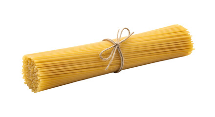 Bundle of uncooked spaghetti pasta tied with natural twine isolated on a transparent background dry pasta