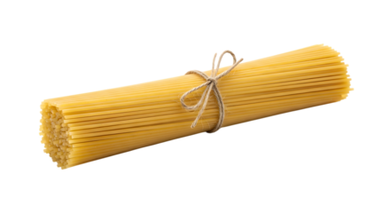 Bundle of uncooked spaghetti pasta tied with natural twine isolated on a transparent background dry pasta
