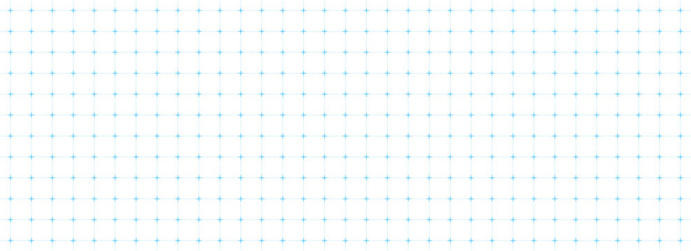 Dotted square grid planer page. Seamless blue dashed checkered paper pattern. Simple crossed dash graph texture. Bullet journal notebook background. School math lined sheet wallpaper. Vector