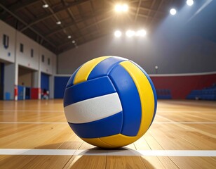 A blue, white, and yellow ball rests on a wooden gymnasium floor