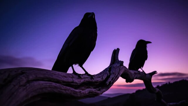 Two Ravens Silhouetted Against a Vibrant Purple and Orange Sunset Sky.