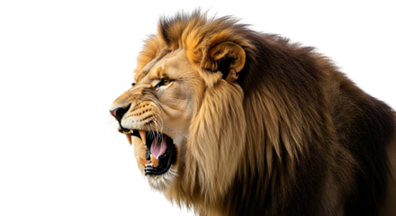 Close up profile of a roaring male lion with open mouth and sharp teeth isolated on a transparent background