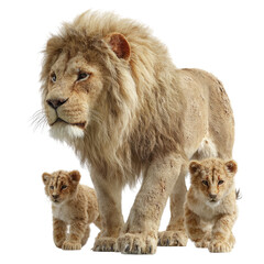 Majestic lion with two cubs, light tan fur, against black background