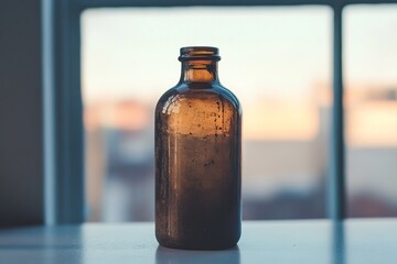 Vintage amber bottle on a table by a window