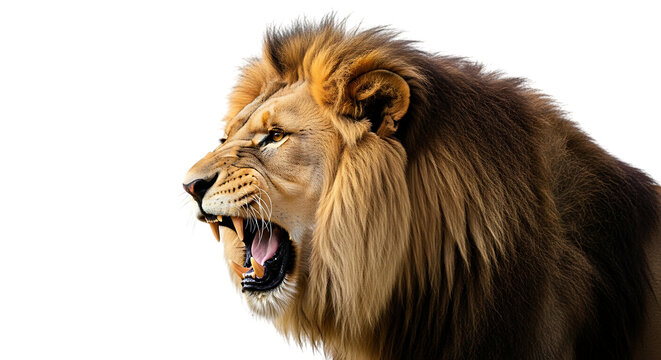 Close up profile of a roaring male lion with open mouth and sharp teeth isolated on a transparent background