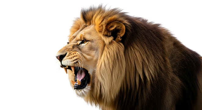 Close up profile of a roaring male lion with open mouth and sharp teeth isolated on a transparent background - Powered by Adobe