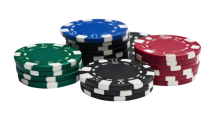 Stacks of colorful poker chips isolated on a transparent background