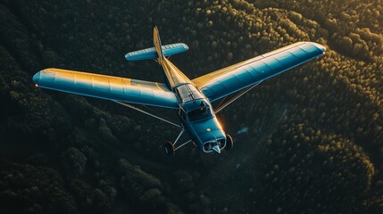 Vintage small plane over lush forest at sunset
