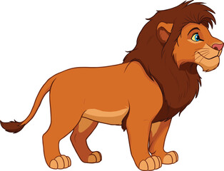 Cartoon lion vector illustration, standing jungle animal character design, children’s wildlife artwork, funny mascot drawing, playful lion art, cad drawing flat vector illustration