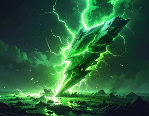 A jagged, luminous green object struck by vibrant lightning