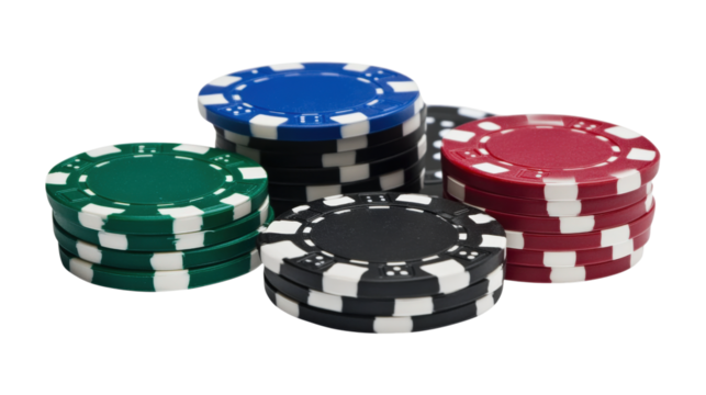 Stacks of colorful poker chips isolated on a transparent background