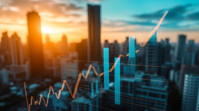 Abstract cityscape with rising stock chart overlaid