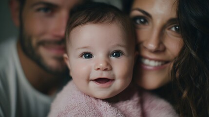 A smiling baby in the foreground is embraced by blurred parents in a heartwarming portrait conveying joy and family connection